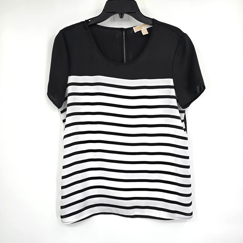 MICHAEL KORS Black/White Stripe Print Top Solid Back Crew Neck Satin Top Medium
